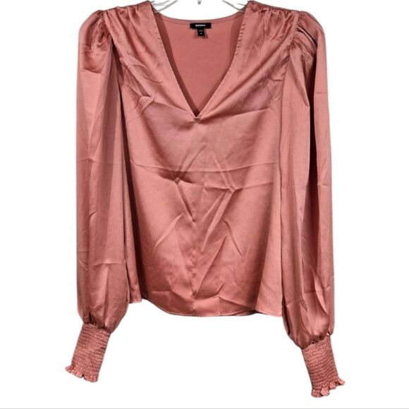 Express V-Neck Long Puff Sleeve Smocked Cuff Coral Blouse Satin Pullover Top XS - Picture 1 of 10
